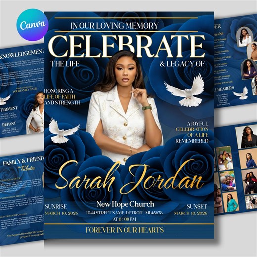 Blue Roses Funeral Program Template: 8-page Memorial (canva, PDF Download) Funeral Magazine Program, Celebration of Life Brochure Template - Etsy