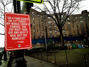 Rap Quotes: site-specific street art with official-looking signs bearing hip hop lyrics