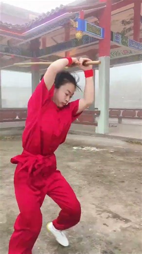 Misty Morning Mystique: Red Dress & Ancient Pavilion
