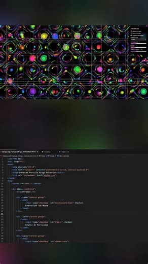 She Codes Mx on Instagram: "Este experimento visual combina partículas dinámicas, ondas de energía y código interactivo para crear arte generativo en tiempo real. Cada movimiento responde a parámetros como velocidad, intensidad y esquemas de color, transformando el código en una experiencia visual viva. Colores neón, arcoíris, fuego, océano y púrpura fluyen como campos de energía, demostrando que programar también es crear arte. #shecodesmx #codingvisuals #htmlcssjs #codeart #htmlcssjavascript #