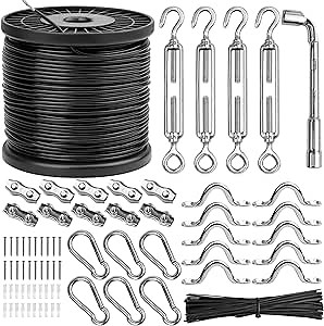 Belio String Light Hanging Kit, Stainless Steel Cable for Outdoor Lights, 182 FT Wire Rope Cable Turnbuckle and Hooks, Globe String Light Suspension Kit