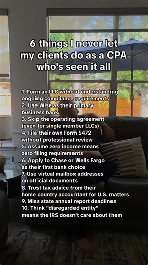 James Baker on Instagram: "I've watched non-residents make the same expensive mistakes with their U.S. LLCs for years. So here's what I never let my clients do: 🚫 Form an LLC without understanding ongoing compliance 🚫 Use Wise as their primary business bank 🚫 Skip the operating agreement (even single member LLCs) 🚫 File Form 5472 without professional review 🚫 Assume zero income means zero filing requirements 🚫 Apply to Chase or Wells Fargo as their first bank Why? Because I've seen every o