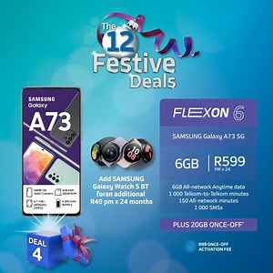 2K views · 23 reactions | Yoohoo! Are you ready for Day 4 of #Telkom12DaysOfFestiveDeals? 朗 Get the Galaxy A73 on FlexOn 6 for R599pm x 24! There’s more - get the Watch 5 for an additional R49pm X 24 month. Apply here: https://tlkm.link/Deal4GalaxyA73 | Telkom | Facebook