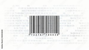 barcode scanner by barcode reader on white background. Closeup on array of digits. chaos digits. Animating background hexadecimal code