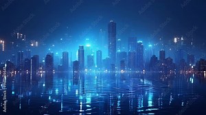 The vibrant blue lights are casting a mesmerizing glow over the modern city skyline at night, with its reflection shimmering in the calm waters below, creating a stunning urban landscape