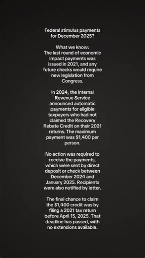 Federal Stimulus Payments Update for December 2025