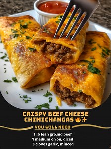 CRISPY 💞 BEEF CHEESE CHIMICHANGAS 🔥✨ Make weeknight dinners exciting with golden shells and savory filling that never leaves leftovers! INGREDIENTS: 1 lb lean ground beef 2 cups shredded sharp cheddar cheese ..... Full Recipe in Coʍmеոτ 💬 🌛 | Recipe Exchange