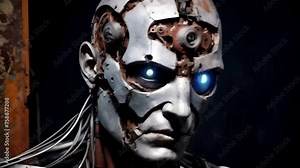 A close-up portrait of a cyborg with intricate details shows the fusion of machine and human-like features. The blue glowing eye suggests depth and artificial intelligence.