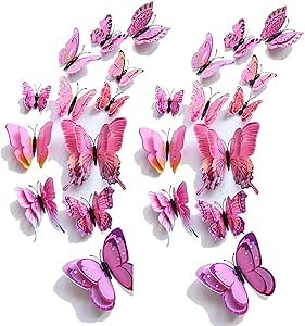 3D Butterfly Wall Stickers Decor 24 Pcs Purple Butterfly Wall Decals for Kids Girls Baby Women Bedroom Living Room Wall Art Decor Removable Mural Sticker Butterflies Wall Art Decorations (Pink)