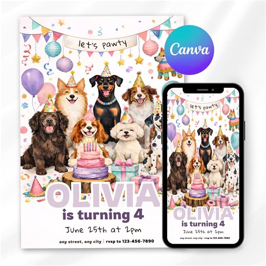 Dog Birthday Invitation, Editable Puppy Birthday Invite, Cute Dog Party Invitation, Printable Dog Birthday Invite, Digital Download, Mobile - Etsy