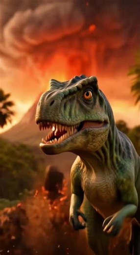 Dinosaur running from volcano