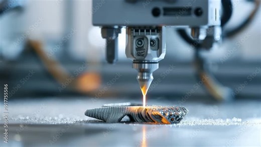 The printer operates by building an object layer by layer. The workspace is bright and shows clear details of the printing process and materials used