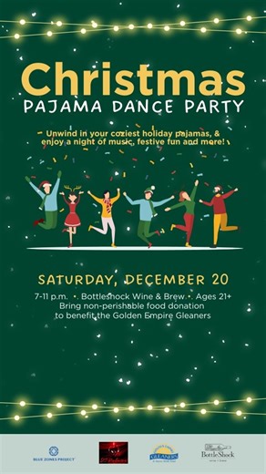 Blue Zones Project Bakersfield on Instagram: "While the holidays can be busy with parties, family activities and shopping trips, it’s important to take time to take time for yourself. We’re partnering with DJ Pantomime and Bottleshock Wine & Brew to host the ultimate Christmas Pajama Dance Party. It’s the perfect chance to unwind in your coziest holiday PJs and enjoy a night of music, share a few laughs and spend time dancing with friends. Join us! 📅 December 20 ⏰️ 7-11 p.m. 📍 Bottleshock Wine