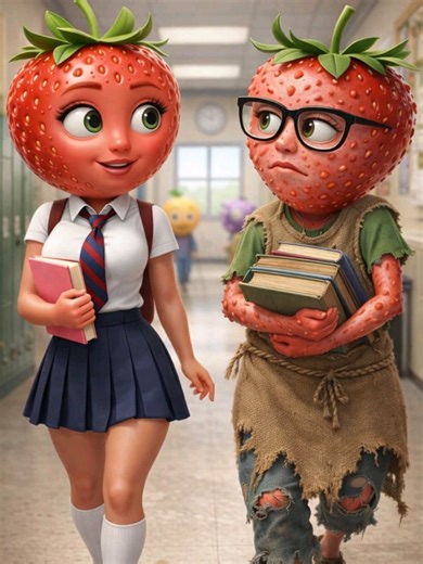 Two strawberry sisters walk through school… 🍓 One is beautiful, the other is mocked for being ugly. Her own sister says: “Don’t embarrass me.” Banana and Mango laugh and call the other sister ugly… Everyone laughs while she runs away crying. Standing alone in front of the mirror she whispers: “One day… I will be beautiful too.” 💔 Wait for the next part 2 👀 #fyp #viralvideo #sadstory #emotionalstory #animation