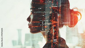 Tech girl, double exposure with high tech and digital abstract elements