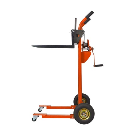 Check The Home Depot's Q&A Before Buying: TORY CARRIER 440 lbs. 35.4 in. Max Lift Orange Manual Stacker Mini Hand Pallet Stacker Winch Stacker with Fixed Legs