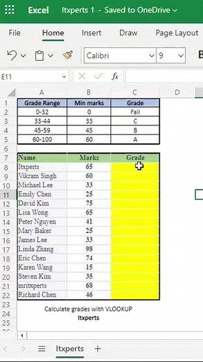 Calculate Grade with VLOOKUP Function in #Excel #exceltutorial #exceltips #exceltricks #VLOOKUP #shortsvideos #reels | Itxperts