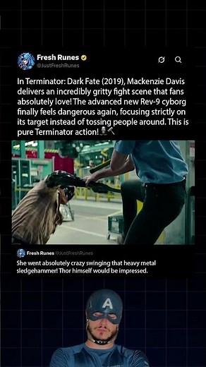 In Terminator Dark Fate (2019), Mackenzie Davis goes absolutely wild with a massive sledgehammer