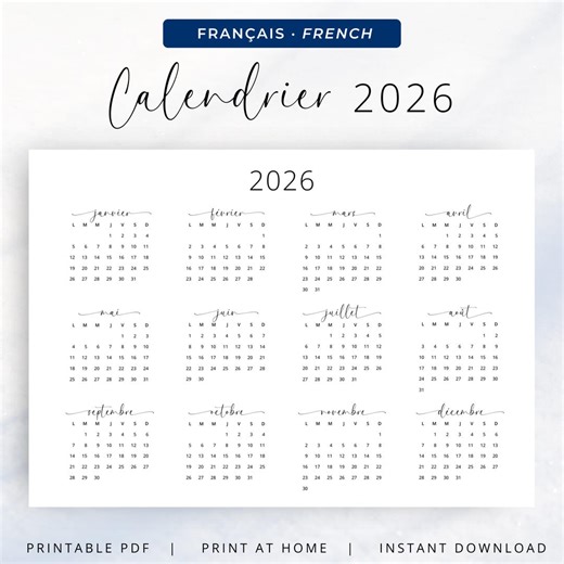 Calendrier français 2026 Calendrier annuel 2026 Calendrier mural en français Calendrier annuel 2026 français à imprimer PDF imprimable A3 A4 - Etsy France