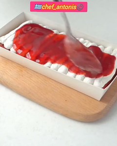 Red Velvet strawberry 🍓 Box Cake 😍 Preparation Sift 👇 Cake flour 180g Cocoa powder 15g Baking soda 4g Finally add 4g of salt and mix well and set aside On separate bowl Butter 80g Sugar 160g mix well Pour in 75ml of oil and stir evenly Two whole eggs beat evenly Milk 50ml Stir well Add 6g vanilla extract add the sifted powder mix well Finally, add a little red food coloring mix well Baking sheet 30x40cm Bake on a preheated oven 160C 35min Cream 300g whipped cream 20g sugar stir well Strawberr