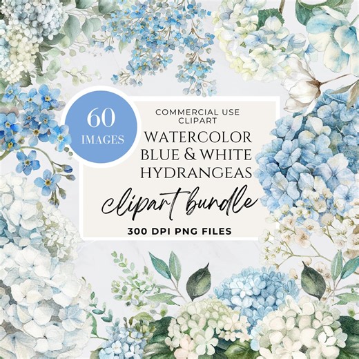 Watercolor Flower Blue Green White Hydrangea Clipart, Floral PNG, Digital Download, Wedding Invitation Art - Etsy