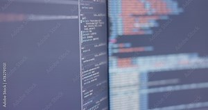 Closeup, code or screen in software, development or it by cybersecurity, data or digital glitch. Tech, computer or programming of nft, cloud computing or app in blockchain, analytics or password