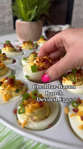 Cheddar-Bacon-Ranch Deviled Eggs!🥓 These are so good, it’s impossible to eat just one! I used the recipe from (thebusybaker) Ingredients: 12 hard boiled eggs (I cheated and got pre-hard boiled ones from Kroger) 3 tablespoons mayo 3 tablespoons sour cream 1 1/2 tablespoons ranch seasoning 1/2 teaspoon Dijon mustard 3 tablespoons green onion (finely chopped) 3 tablespoons shredded cheddar (finely chopped) 3 tablespoons bacon bits Salt Pepper Directions: 1. After peeling shells of hard boiled eggs