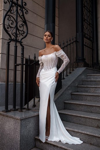 Arabella • Glitter Chantilly Lace Wedding Dress • Off-shoulder Corset, Satin Slit Skirt - Etsy