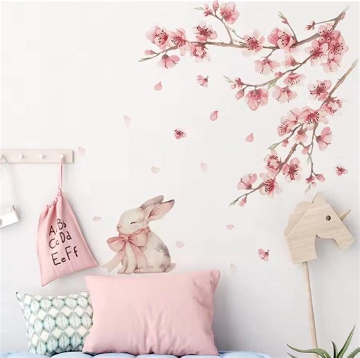 Rabbit & Pink Flower Wall Decal | Whimsical Nursery Mural - Etsy