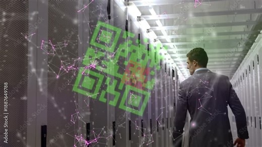 Animation of qr code scanner and network of connections over male engineer walking in server room
