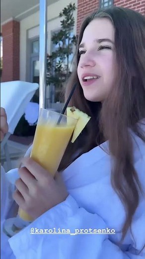 Karolina Protsenko (15 yrs) - Enjoys smoothie poolside at hotel spa on her birthday (Oct 3, 2023)