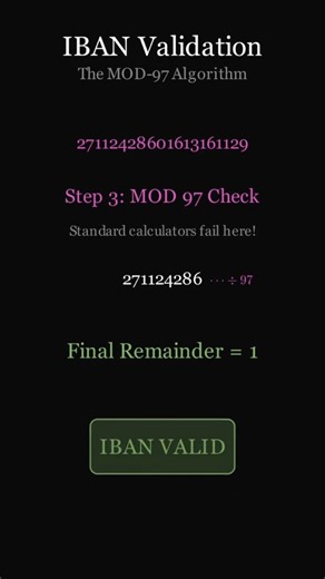 PlotLab on Instagram: "Bank Numbers | How IBAN Validation Works (Mod 97) How do banks instantly know an IBAN is valid? 💳 They use the Mod-97 check: rearrange, convert letters to numbers, compute a big remainder — if it’s 1, the IBAN passes. Save this explainer! 🔢 #IBAN #Mod97 #BankingMath #FinanceExplained #Checksum"