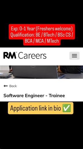 FesherDoor on Instagram: "RM India – Software Engineer Trainee 📍 Trivandrum | Full-time Exp: 0-1 (Freshers welcome) Qualification: BE / BTech / BSc CS / BCA / MCA / MTech Tech Exposure: C#, ASP.NET Core, ReactJS, SQL Server, Azure, QA & DevOps Application link in bio ✅ #SoftwareEngineerTrainee #FreshersJobs #ITJobs #DotNetJobs #ReactJobs"