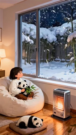Cozy Zen on Instagram: "SIFT snowfall outside,inside cute girl and panda enjoying"