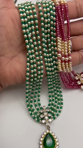 Indian Jewelry | Multi Strand CZ Beaded Necklace | Green & Ruby Multi Strand Pearl Mala With Pendant | Traditional Indian Jewelry | Wedding - Etsy