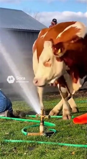 Cow Gently Pushes Kid Aside Before Sprinkler Blasts Their Face—Crowd Shouts “Cow Mom Alert!”