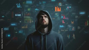 Stressed programmer analyzing complex data visualizations projected on augmented reality screen, showing intense concentration and professional challenges