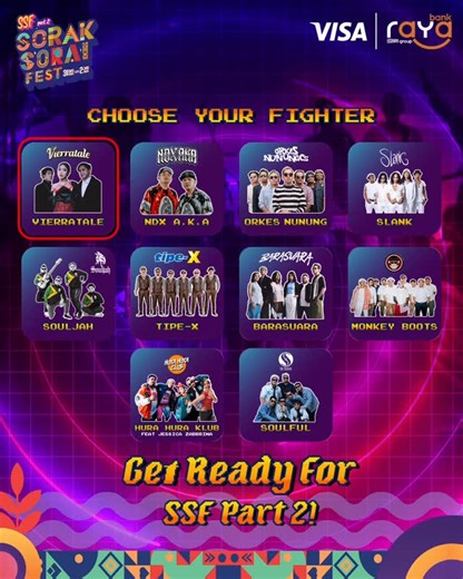 SORAK SORAI FEST'25 / SSF 🎆 on Instagram: "Ini dia Line Up yang bakal ramein panggung SSF Part 2 di malam tahun baru nanti! Mulai dari yang bikin kamu goyang banget sampe bikin kamu mellow banget~ Dari semua line up ini,kira-kira siapa nih yang Sorakers nanti-nanti banget penampilannya?? #ssfpart2 #soraksoraifest #bankraya #tmii #gebyarkomunikasi #artekgroup"