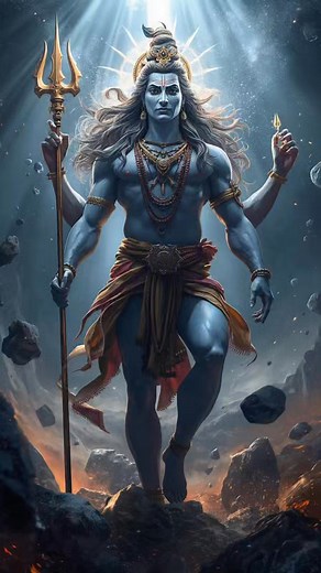 A majestic, hyper-realistic depiction of Lord Shiva in a cosmic setting. Shiva stands powerfully with a muscular blue-toned body, long flowing hair moving like waves, and multiple arms holding divine weapons including a trident (trishul). Intricate sacred ornaments, rudraksha beads, snake around the neck, and ash markings on the body. A glowing tilak on the forehead. Dramatic divine light rays shining from above, creating an ethereal aura. Floating rocks, cosmic particles, and planetary spheres 