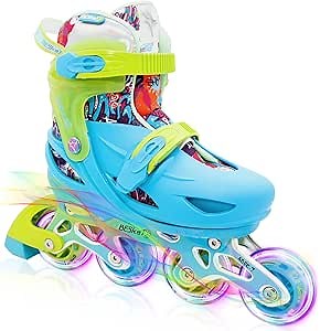 Blue Graffiti Light up Inline Skates for Girls Boys, 4 Size Adjustable Roller Shoes with Full Illuminating Wheels for Kids, Blades Roller Skates for Beginner Teens & Adult Youth