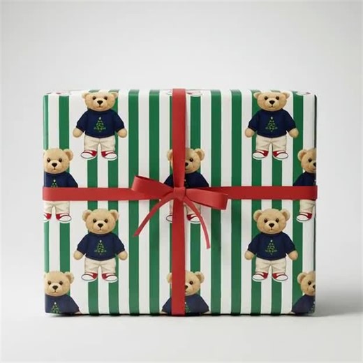 Teddy Bear Christmas Wrapping Paper, Festive Pinstripe Gift Wrap - Etsy