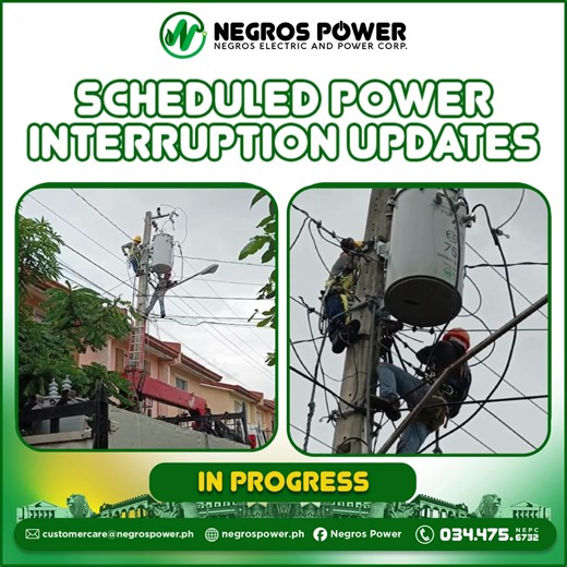 SCHEDULED POWER INTERRUPTION UPDATES Date & Time: October 30, 2025 as of 11:10AM Yari ang mga ongoing maintenance activities subong sa Portion of BF5 - Portion of Las Piñas Street, Magsaysay Road. Brgy. Villamonte, Bacolod City.. • Convertion of 1-span Single phase to 3phase primary line. Ini kabahin sang 5-year rehabilitation kag modernization plan sang Negros Power agud malikawan ang mas madugay nga power interruptions kag mapabakod ang aton distribution system. Madamo gid nga salamat. #Negros