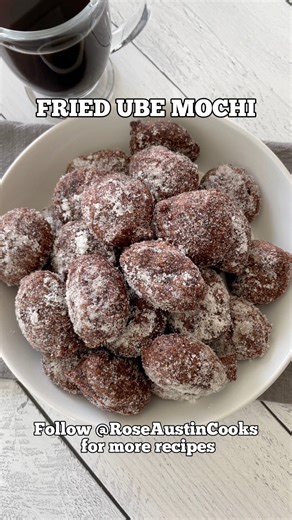 Fried Ube MochiINGREDIENTS:1 box (16 oz) mochiko flour2 cup granulated sugar (divided)1 cup ube halaya (ube jam)1/2 tbsp ube extract 2 cups water (gradually add 1/2 cup more if batter is too dry)2-3 cups neutral oil (for frying)Directions:In mixing bowl, combine 1 box of mochiko flour, 1 cup sugar, 1 cup ube halaya, 1/2 tbsp ube extract, and 2 cups of water. The batter should be smooth and thick (if batter is too dry, gradually add in 1/2 cup more of water). In a pot, add oil and heat up on medi