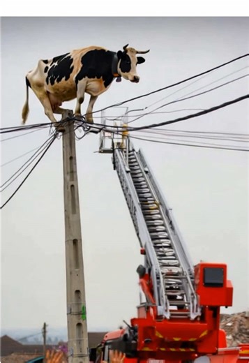 No One Knows How She Got There 🐄⚡ A cow on power lines. A fire ladder below. One second of silence — then everything goes wrong. More questions than answers 😳 #wtf #unexpected #fail #cow #viral