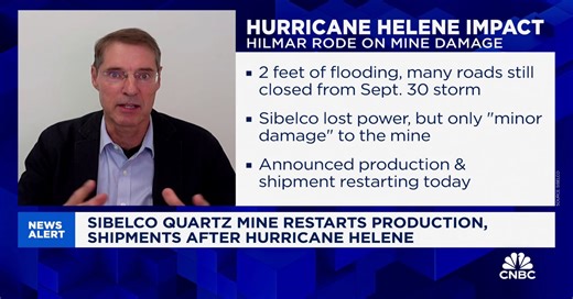 Key quartz mine restarts production after Hurricane Helene & aids local recovery, says Sibelco CEO