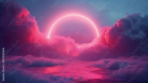 A mesmerizing and surreal scene of a vibrant pink and purple sunset, with fluffy clouds and a calm sea reflecting the colors.