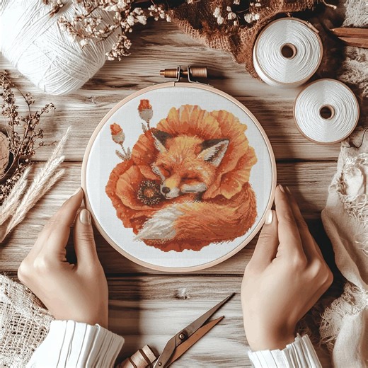 Sleeping Fox Poppy Cross Stitch Pattern PDF, Woodland Animal Embroidery Chart (instant Download) - Etsy