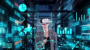Businesswoman user making zoom big data dynamic market graph monitor by VR future global innovation interface digital infographic network technology thinking visual hologram animation. Contraption.