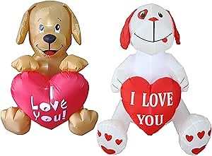 Two Valentine's Day Party Decorations Bundle, Includes 4 Foot Inflatable Puppy Dog, and 4 Foot Inflatable Puppy Dog Blowup with LED Lights
