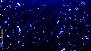 Bright blue confetti falling down on blue gradient background. Confetti rain animation. Glowing particles falling with soft light. Celebration, greeting, invitation, holiday and event background. 4k.
